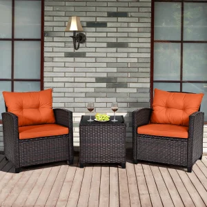 3 PCS Patio Rattan Furniture Set.  Sofa Orange.
