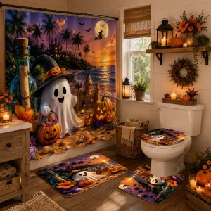 2D Flat Tropical Halloween Ghost Shower Curtain Set