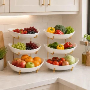 3-Tier Ceramic Fruit Bowl Plate with Metal Stand. Serving Tray for Vegetables Snacks Desserts Cupcakes Candy